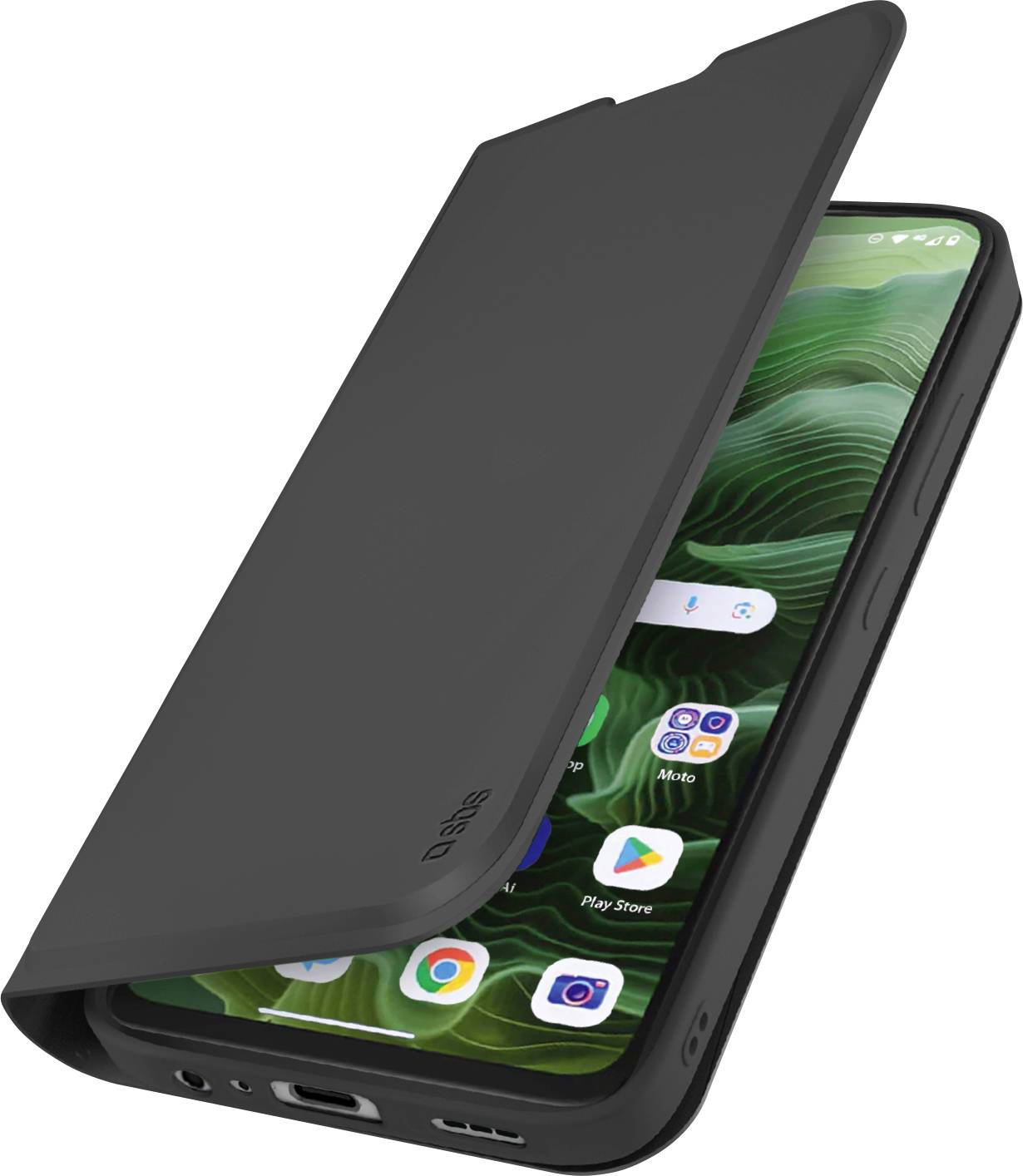 Smartphone mit schwarzer Flipcover teilweise geöffnet, zeigt App-Symbole auf dem Bildschirm. Der Hintergrund zeigt ein grünes abstraktes Design.