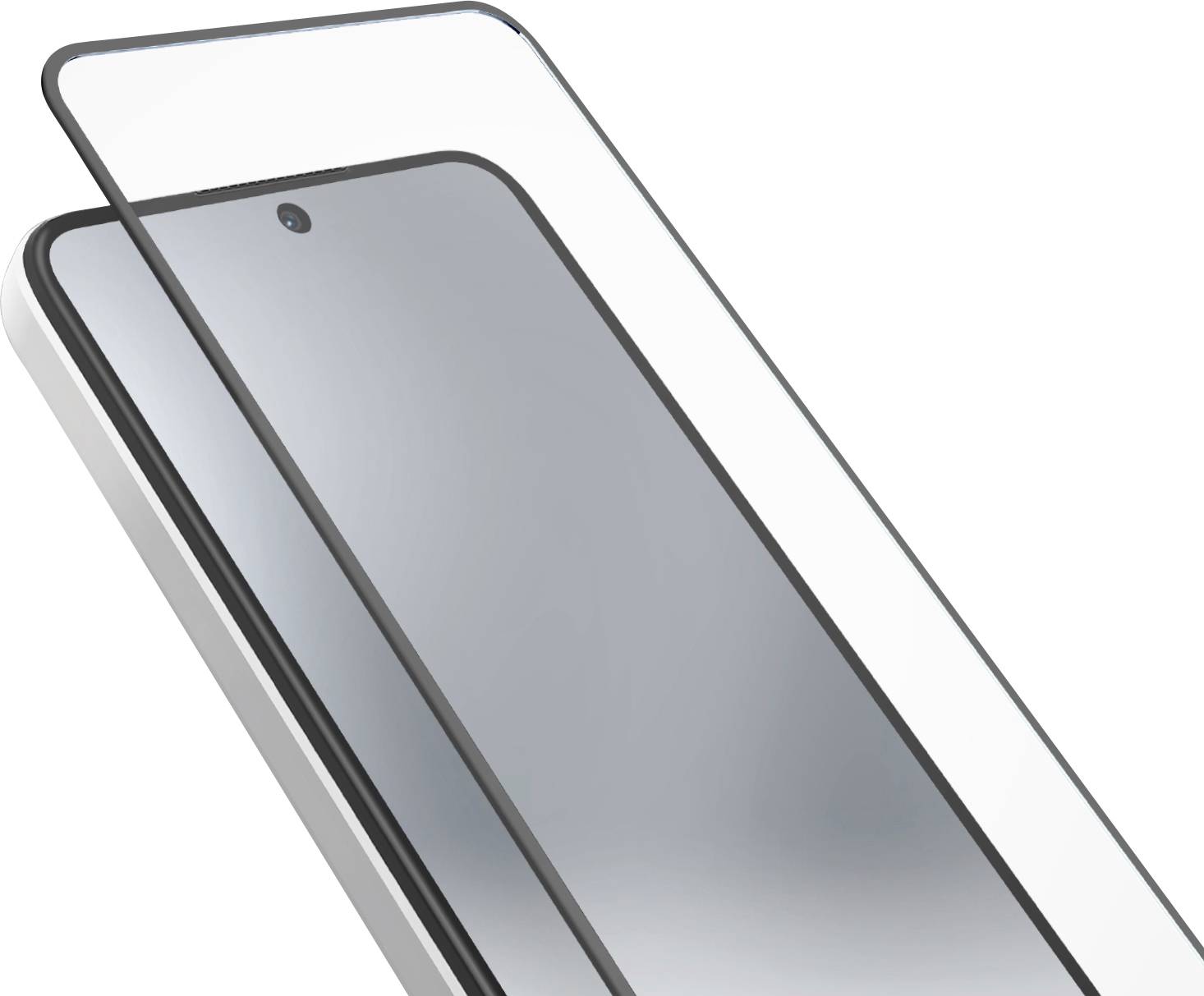 Eine Nahaufnahme eines Smartphone-Displays mit einem teilweise aufgebrachten gehärtetem Glasschutzfilm, der die klare und glänzende Oberfläche zeigt.