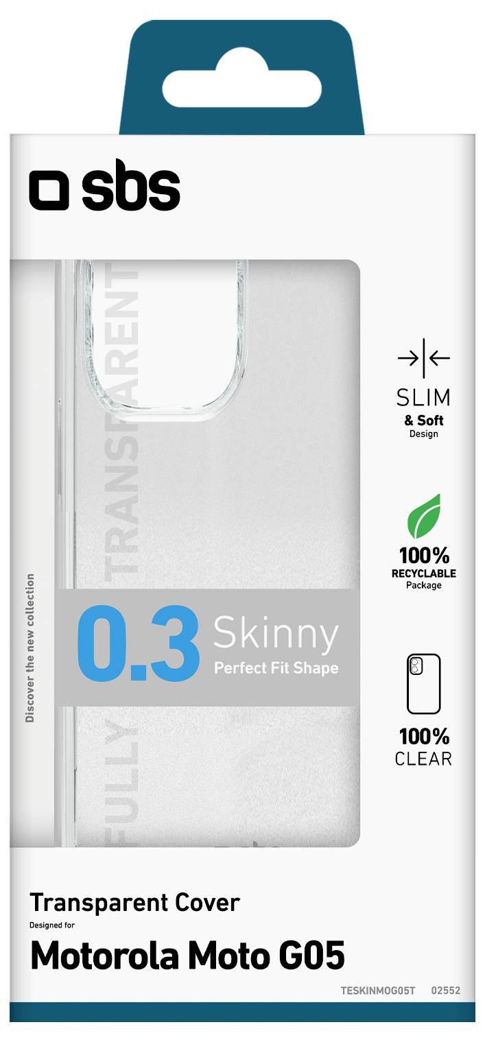 Transparente Schutzhülle für Motorola Moto G05 von sbs. Schlankes, weiches Design. 100% recycelbares Verpackungsmaterial, 100% klar.