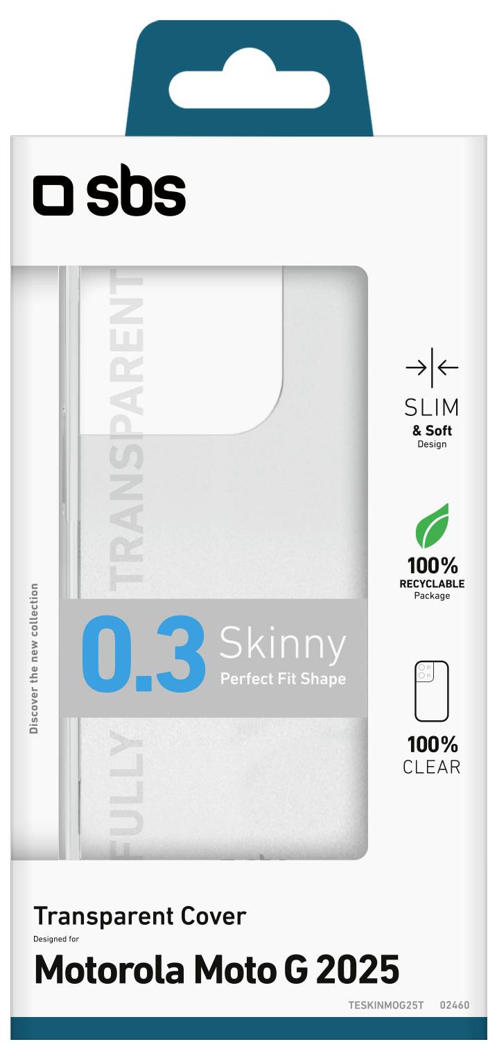 Transparente Schutzhülle für Motorola Moto G 2025 mit Verpackung, die ein schlankes, weiches Design mit 100 % recycelbarem und klarem Material zeigt.