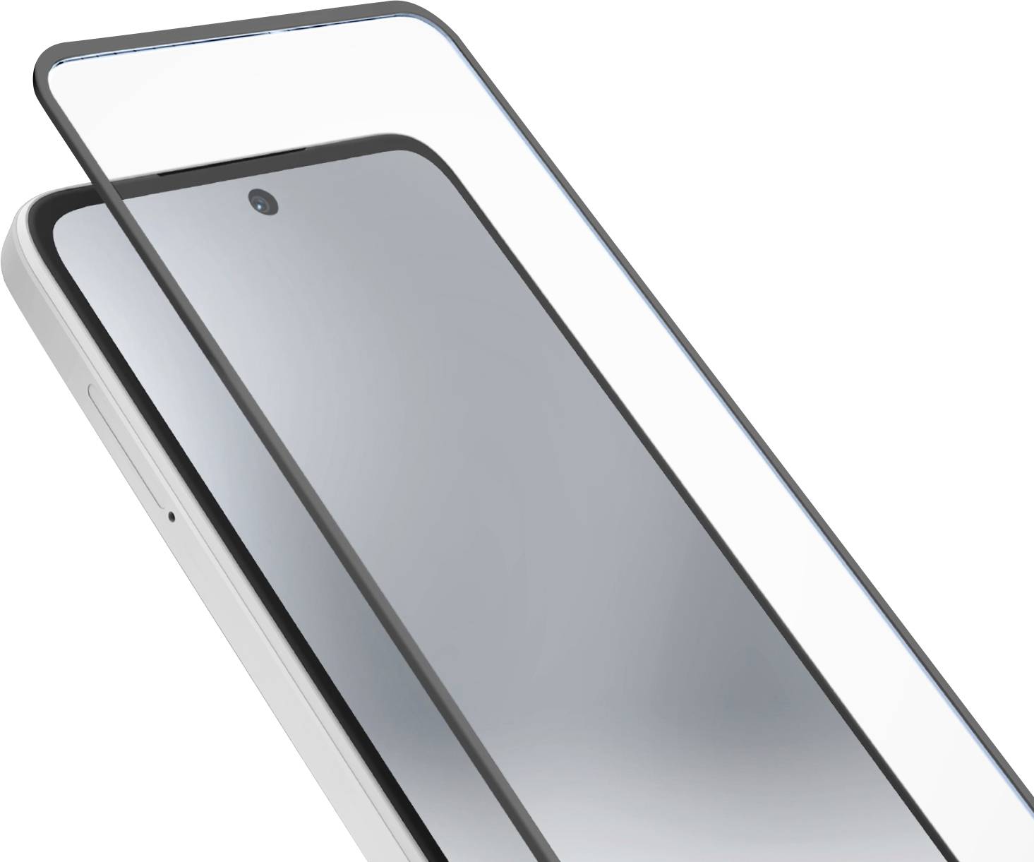Ein Smartphone mit einer Displayschutzfolie, die seinen Bildschirm teilweise bedeckt, mit einer nach vorne gerichteten Kamera und minimalistischem Design.