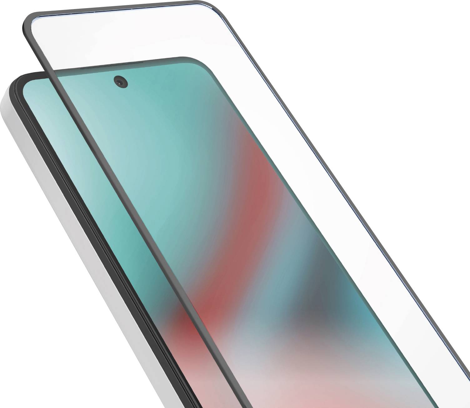 Displayschutzfolie, die über einem Smartphone angebracht ist und die randlose Passform sowie die Klarheit der Anzeige des Geräts demonstriert.