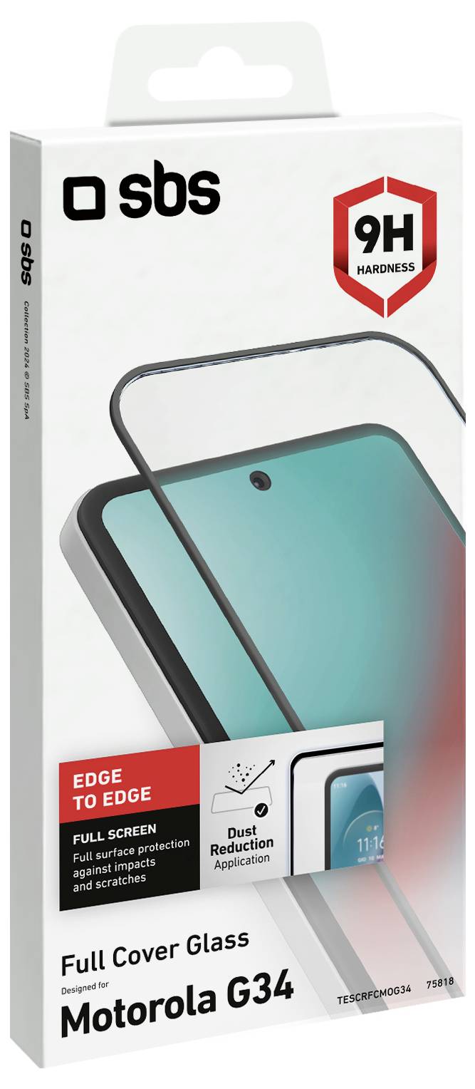 Paket für Motorola G34 vollständige Schutzglasfolie. Die Funktionen umfassen kantennah abdeckende Oberfläche, 9H Härte und Staubreduzierung.