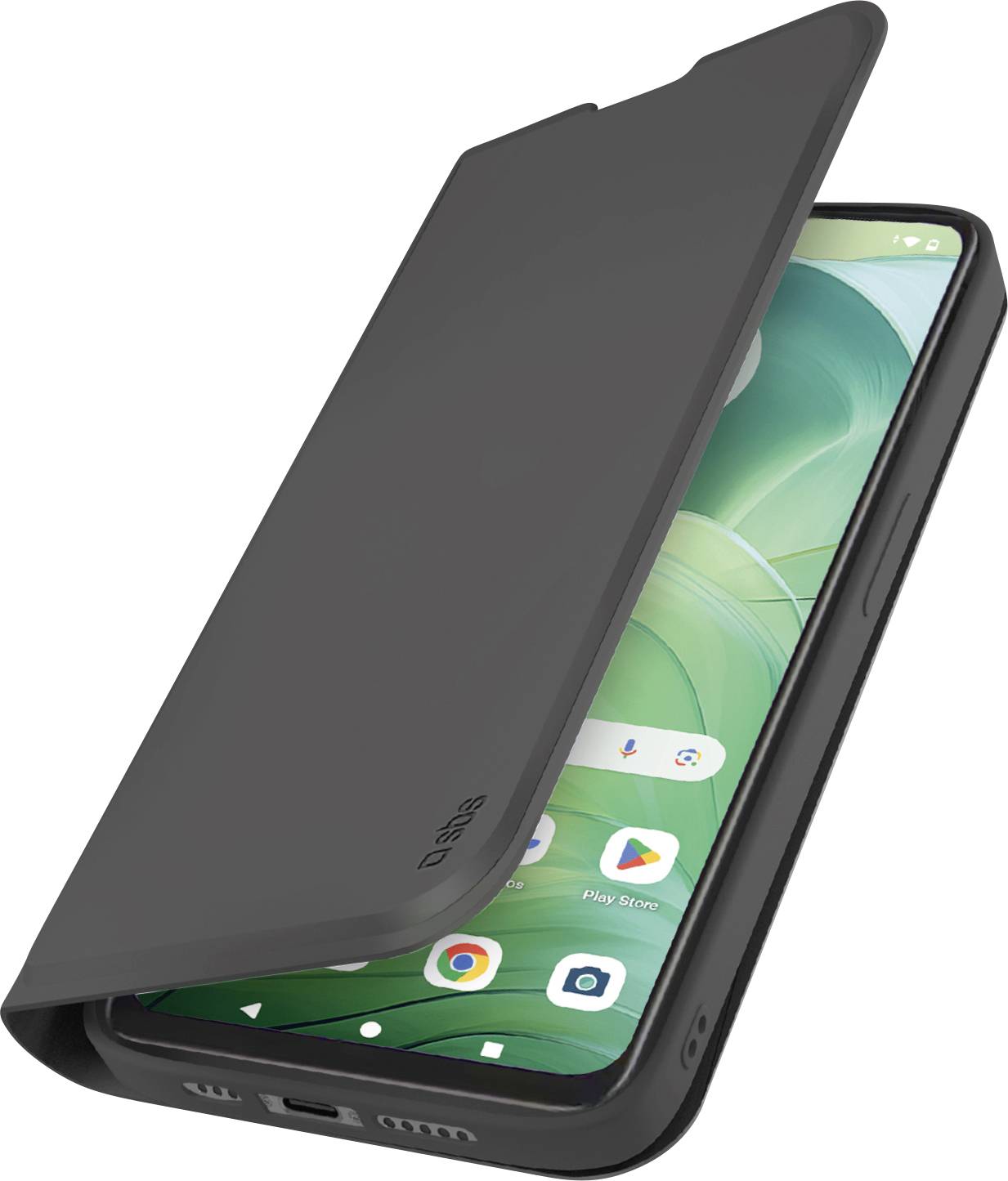 Ein Smartphone mit einem teilweise geschlossenen schwarzen Gehäuse, das einen grün gestalteten Startbildschirm mit sichtbaren App-Symbolen unten anzeigt.