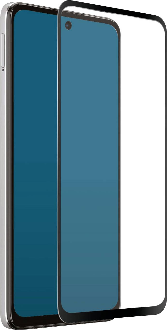 Ein Smartphone mit einer teilweise angebrachten Schutzbildschirmfolie, das ein schlankes, modernes Design mit schwarzem Rahmen und minimalen Rändern zeigt.