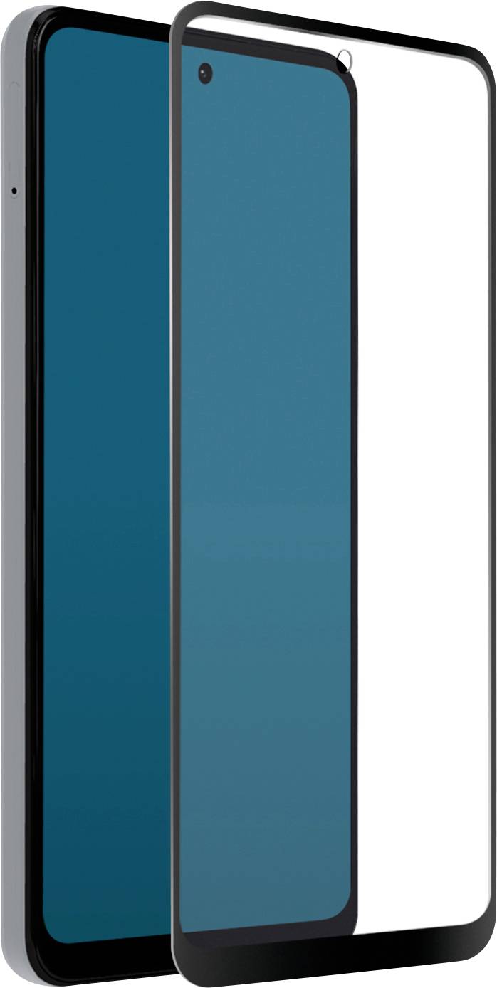 Schwarzer gehärteter Glassschutzfilm, der einen Smartphone-Bildschirm teilweise bedeckt und den Schutz für die Telefonanzeige zeigt.
