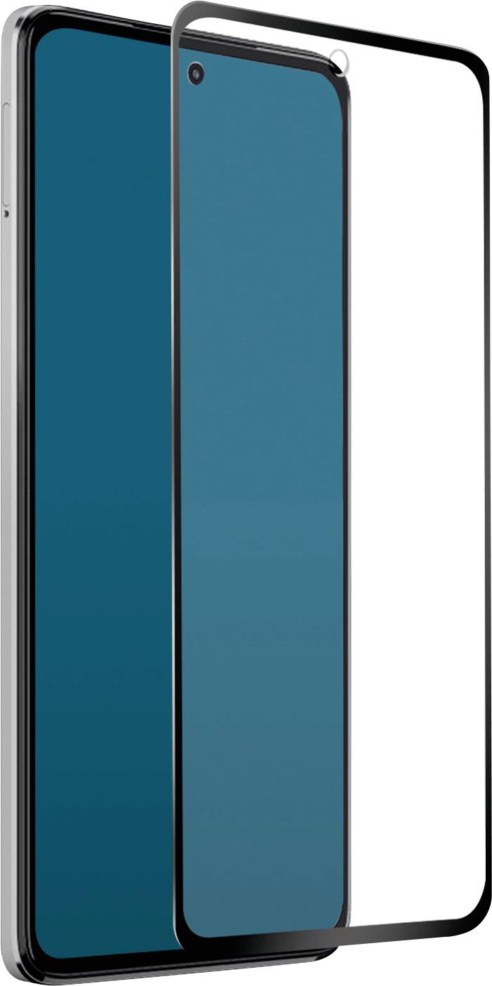 Ein Smartphone mit einem Displayschutz, der teilweise angebracht ist, wobei das schlanke Design und die randlose Anzeige des Geräts hervorgehoben werden.