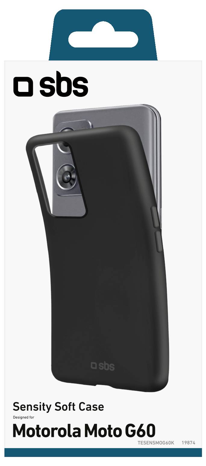 'Sensity Schutzhülle für Motorola Moto G60' auf der Verpackung, die eine schwarze Handyhülle zeigt, die ein Telefon teilweise bedeckt, mit Branding-Details.