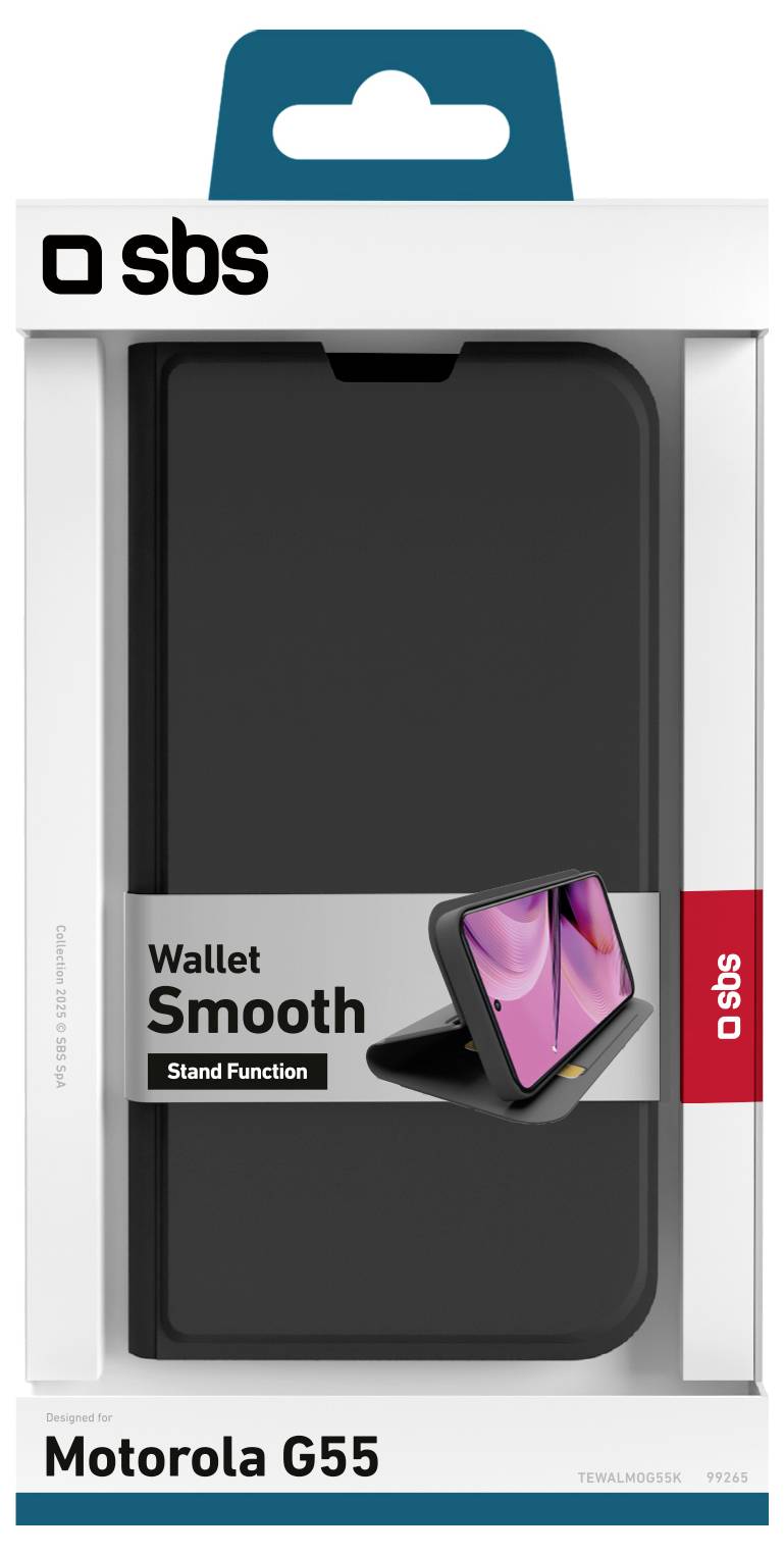 Schwarze Geldbörsentasche mit Standfunktion für Motorola G55, verpackt in einer SBS-gekennzeichneten Schachtel.