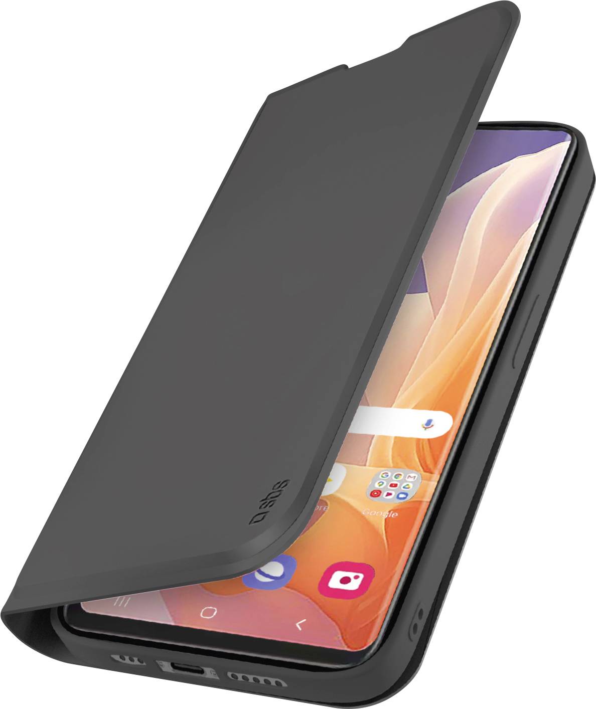 Ein Smartphone mit schwarzem Flip-Cover, das teilweise offen ist und den Bildschirm mit App-Symbolen und einem lebhaften, mehrfarbigen abstrakten Hintergrund zeigt.