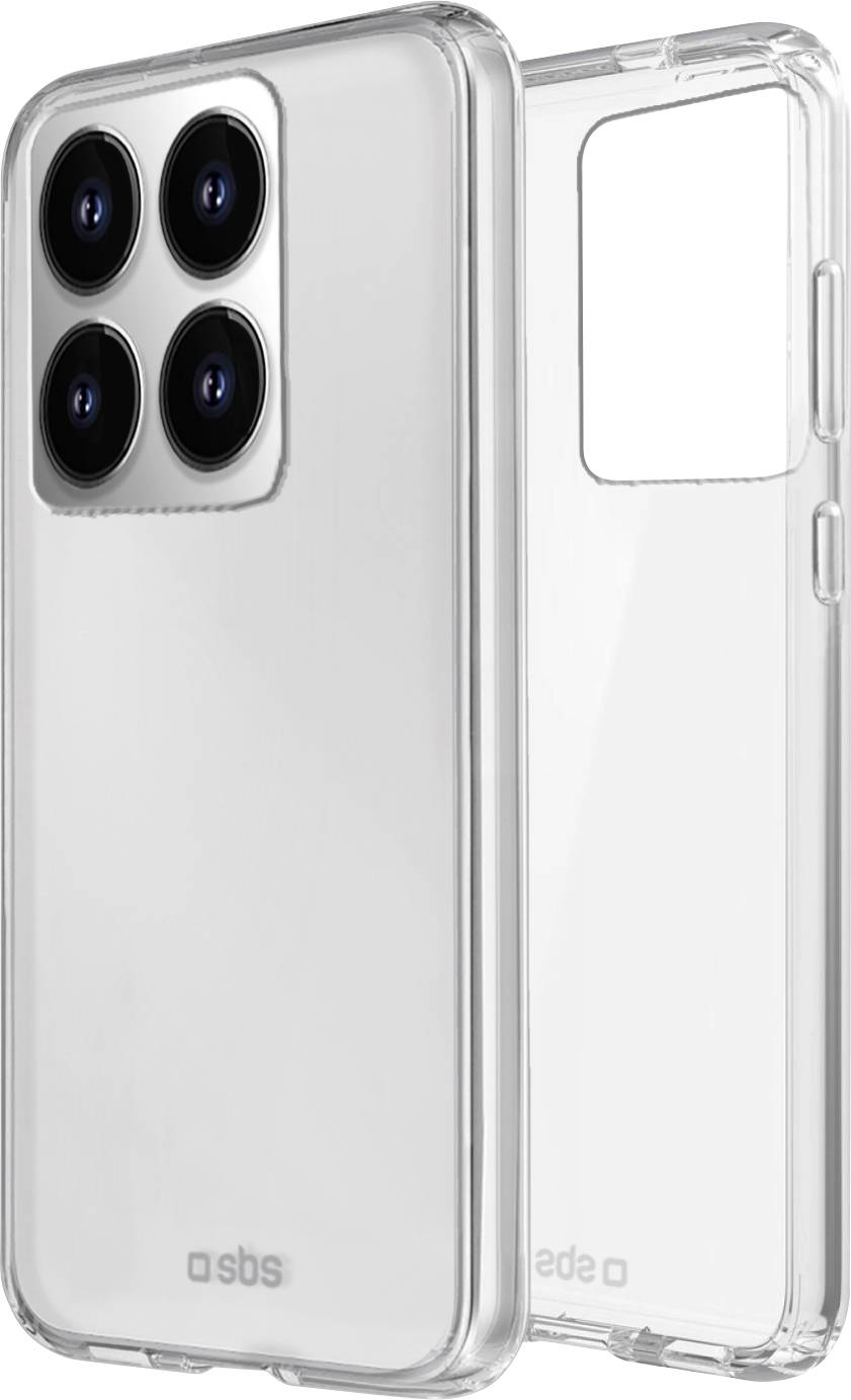 Transparente Handyhülle für ein Smartphone mit Aussparungen für ein Quad-Kamera-Setup und Tasten, was Geräteschutz und Design anzeigt.