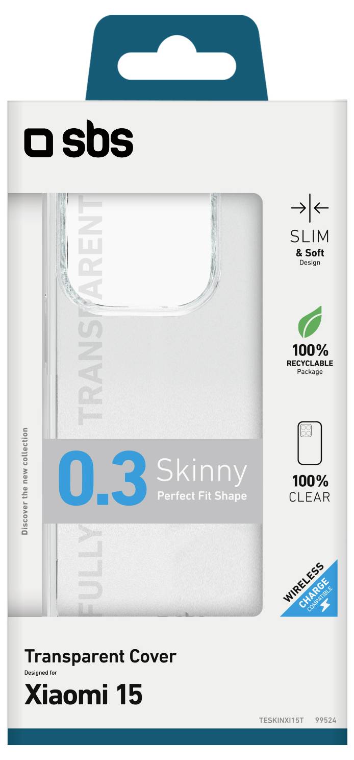 Verpackung einer transparenten Handyhülle für Xiaomi 15. Labels: Schlankes und weiches Design, 100% recycelbare Verpackung, 100% transparent, kabellose Hülle.