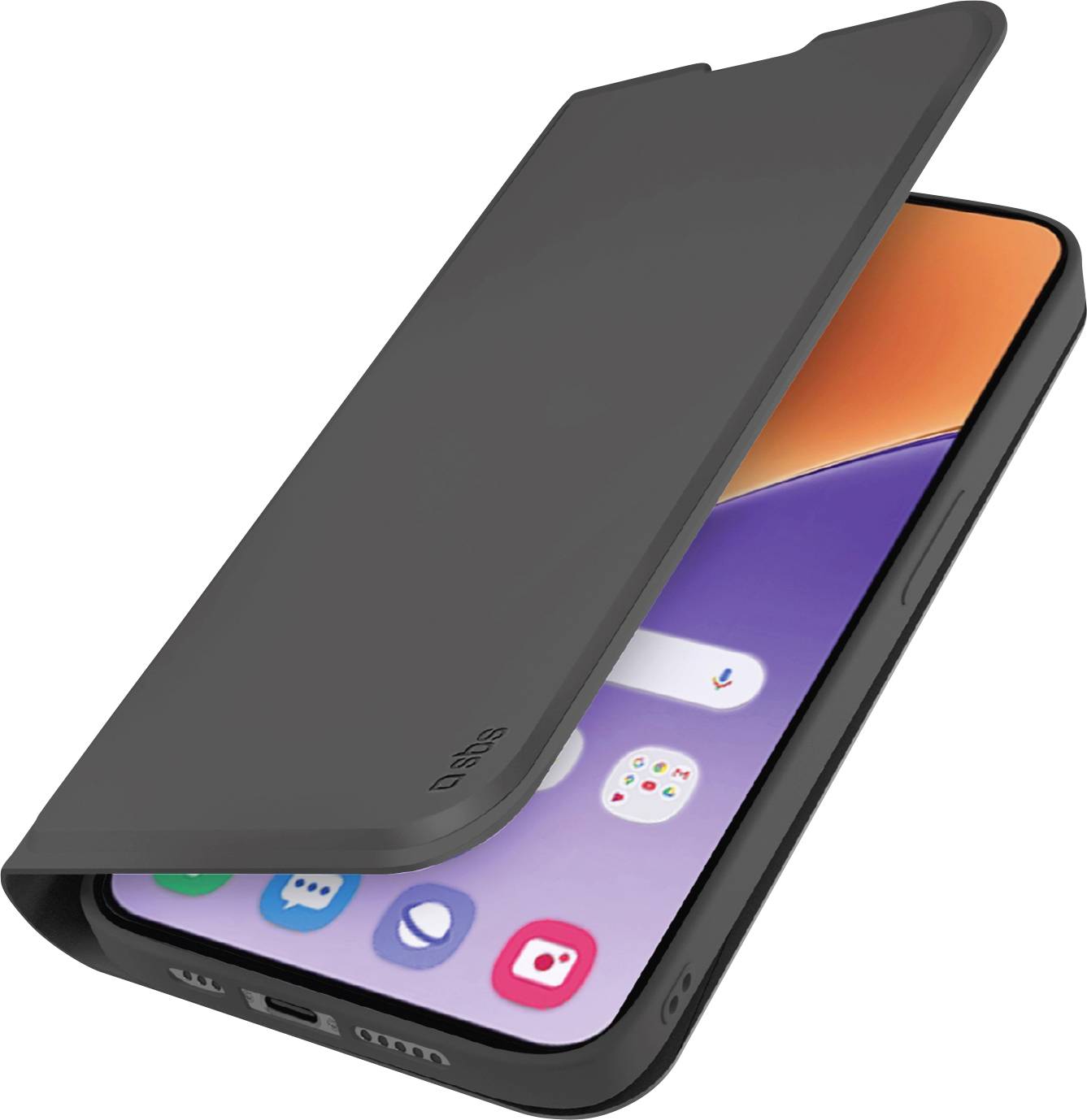 Ein Smartphone mit einem orange- und violettfarbigen Verlaufs-Display, das teilweise von einem schwarzen Flip-Case verdeckt ist und mehrere App-Symbole zeigt.