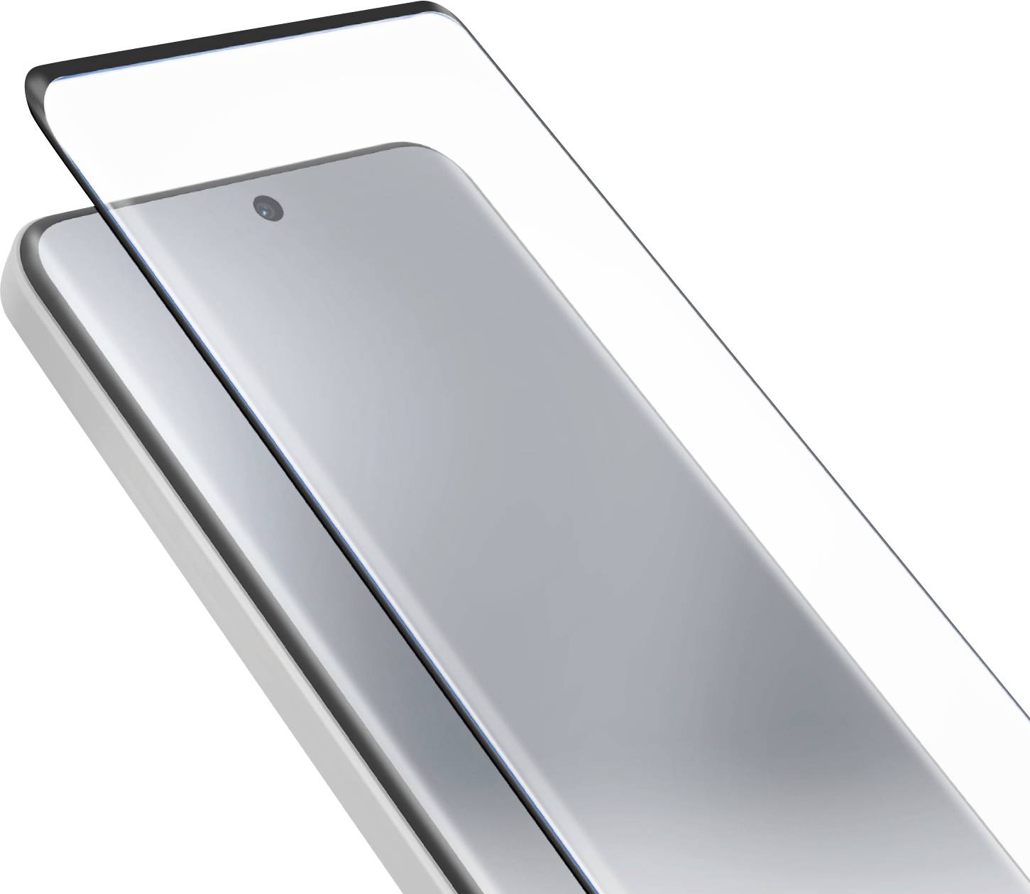 Ein Smartphone liegt diagonal mit einer Displayschutzfolie, die seine Vorderseite teilweise abdeckt, und zeigt ein elegantes, minimalistisches Design.