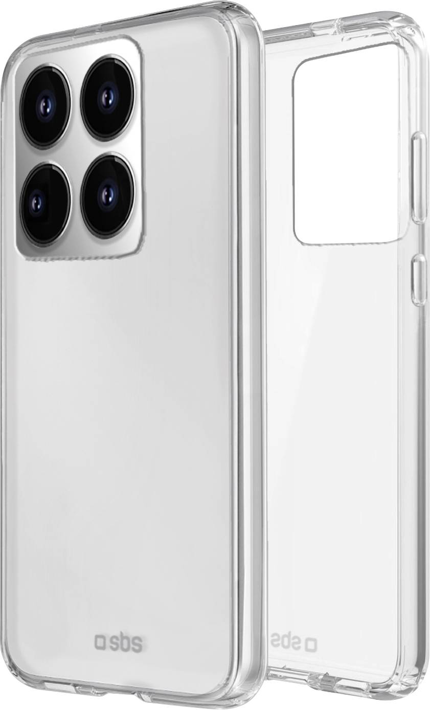 Ein transparantes Handyhülle für ein Smartphone mit Quad-Kamera-Setup. Zeigt Front- und Rückansicht mit Aussparungen für Tasten und Kameras.