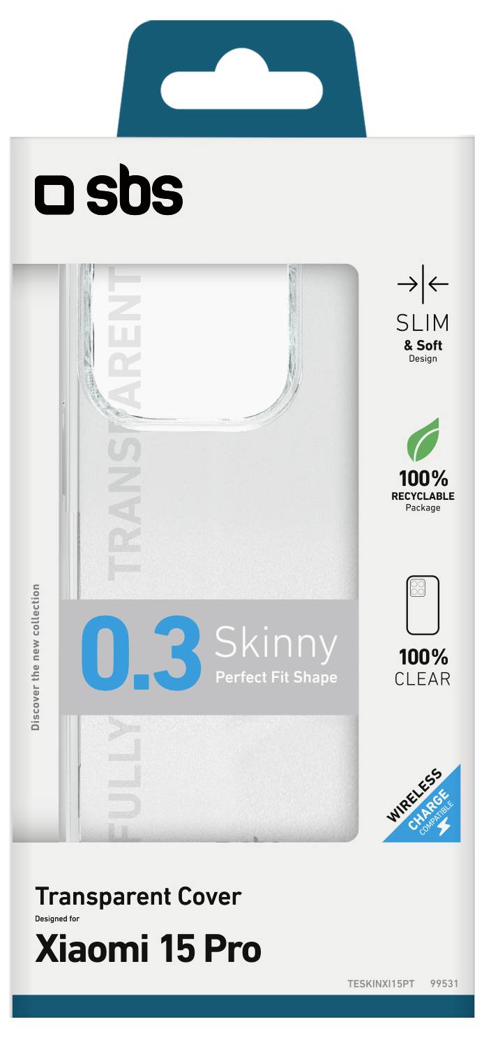 Transparente Schutzhülle für Xiaomi 15 Pro mit schlanker Passform. Hergestellt aus 100% recycelbaren Materialien. Unterstützt kabelloses Laden. Marke: SBS.