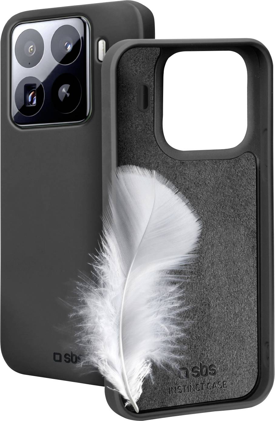 Ein schwarzer Smartphone-Koffer mit einer Feder innen, die sein leichtes Design symbolisiert. Das Etui wird von hinten und von der Seite gezeigt.