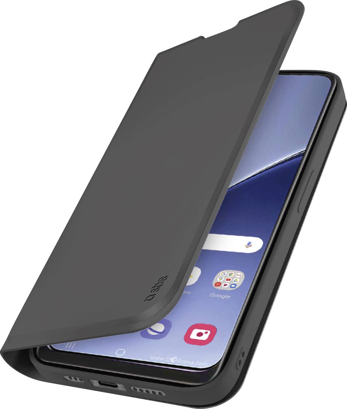 Smartphone mit schwarzem Flip-Cover, teilweise offen, zeigt Startbildschirm-Symbole.