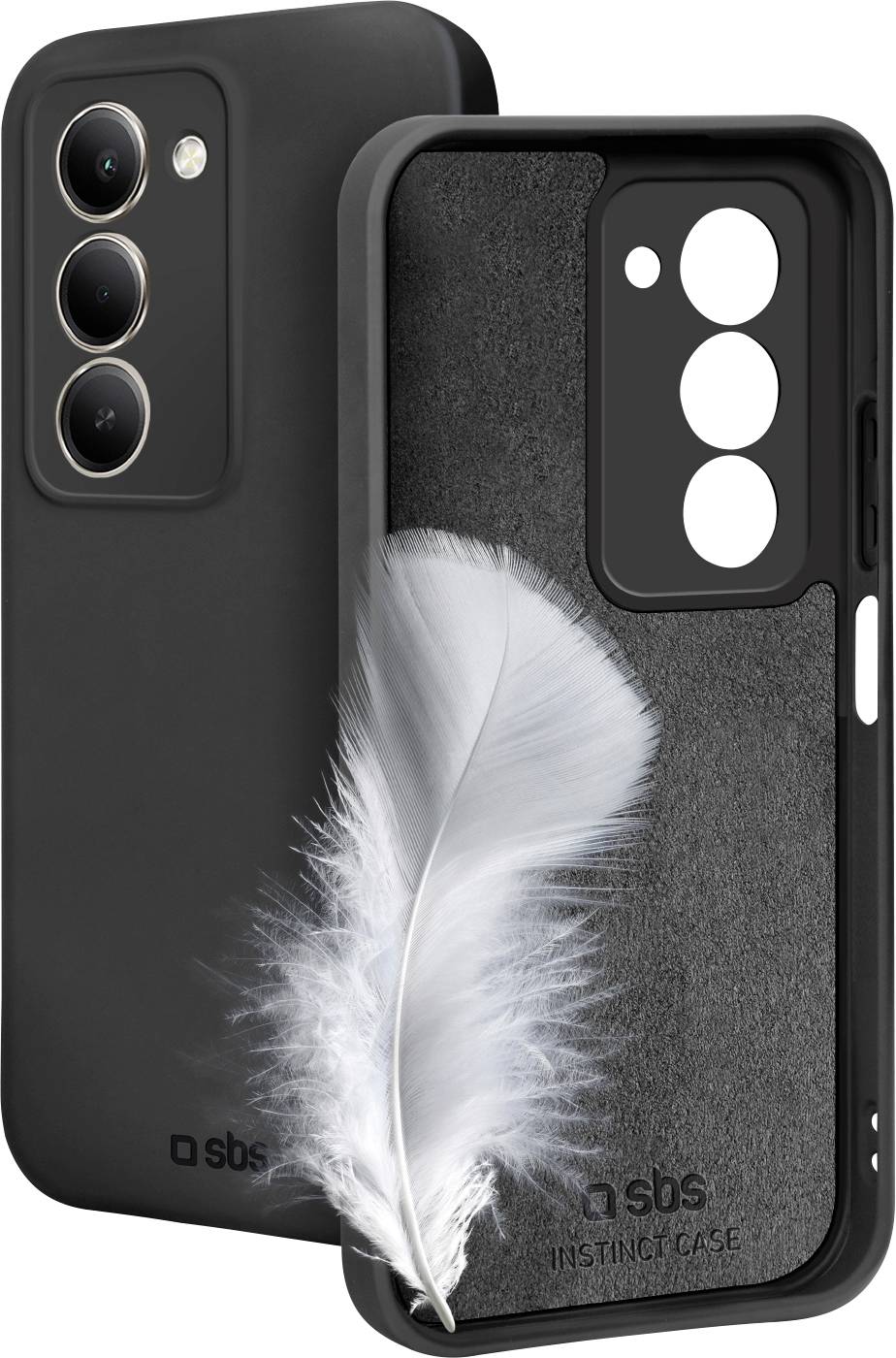 Ein schwarzes Telefoncase mit drei Objektivausschnitten wird neben einem ähnlichen Case mit einer weißen Feder darauf gezeigt, was Leichtigkeit andeutet.