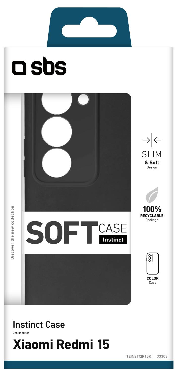 Schwarzes Handyhülle für Xiaomi Redmi 15 mit Kameraausschnitten. Verpackung hebt schlankes, weiches Design und 100% recycelbares Material hervor.