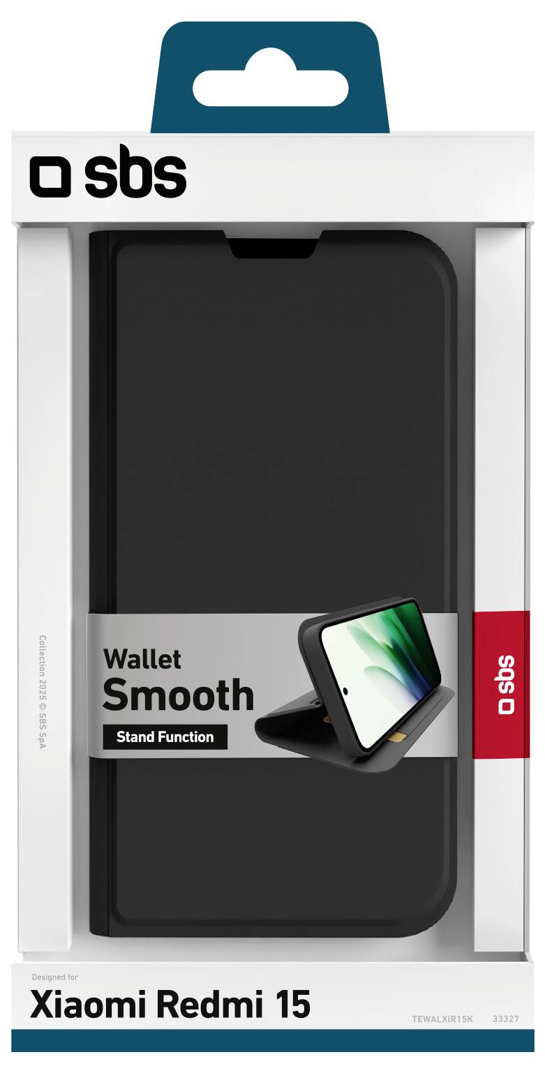 Schwarze Handyhülle mit Standfunktion für Xiaomi Redmi 15 in Originalverpackung.