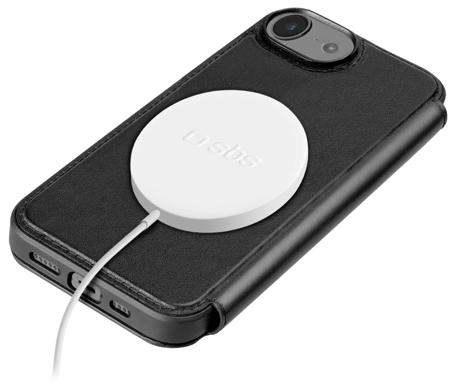 Ein schwarzes Smartphone mit einem weißen, kreisförmigen Wireless-Ladegerät mit der Bezeichnung 