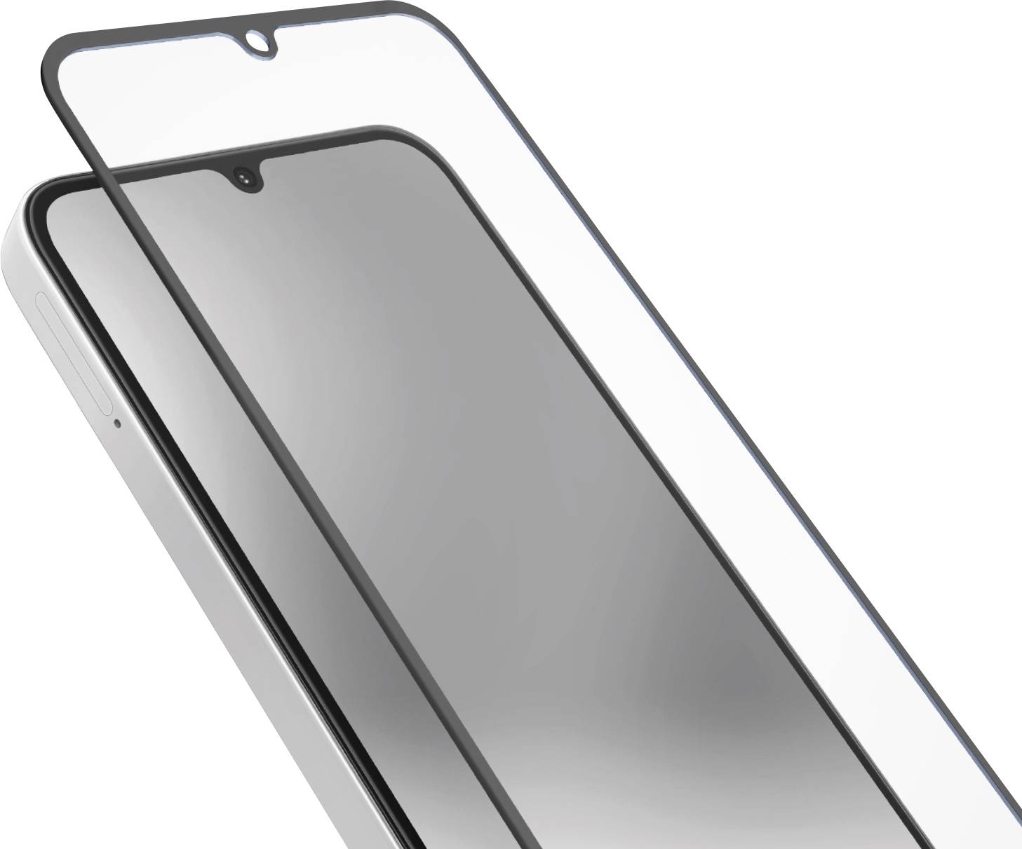 Ein Telefon mit einem Displayschutz mit gekrümmten Kanten, der leicht über dem Display angehoben ist und die Passform und Abdeckung des Schutzes zeigt.