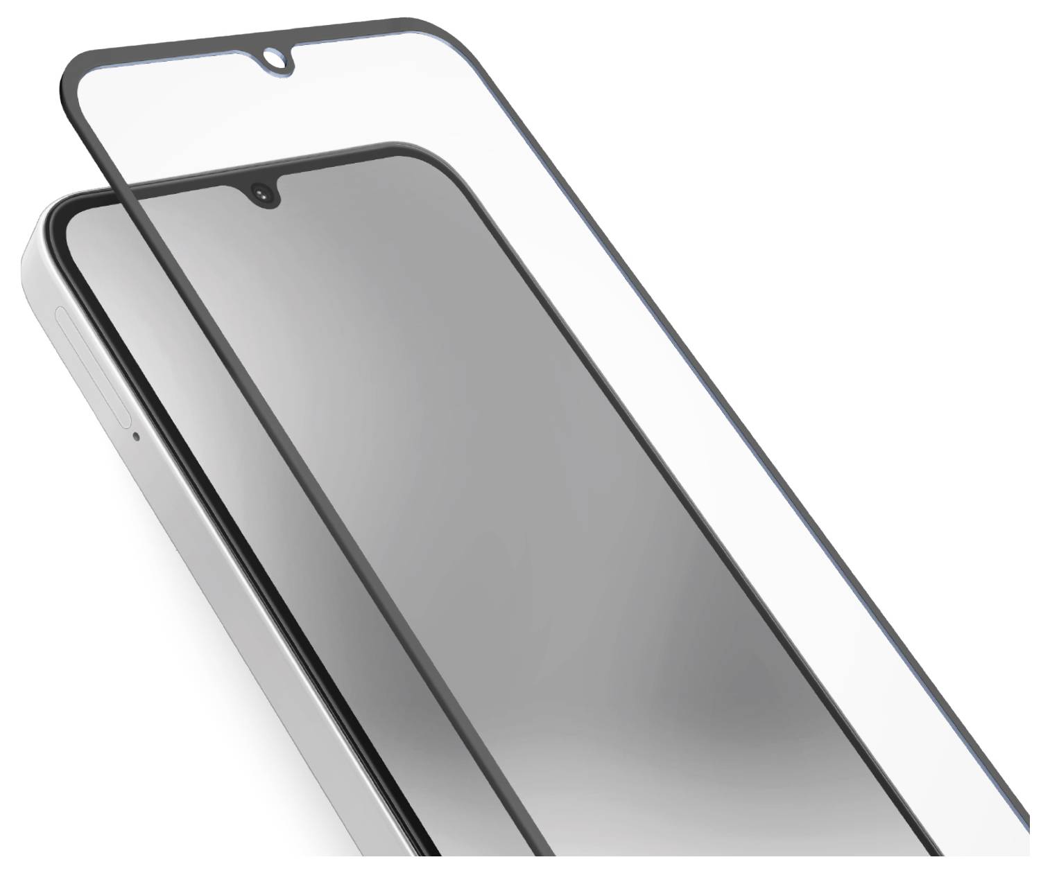 Ein Smartphone mit einer teilweise aufgebrachten transparenten Displayschutzfolie, die eine präzise Passung über dem Display des Telefons zeigt.