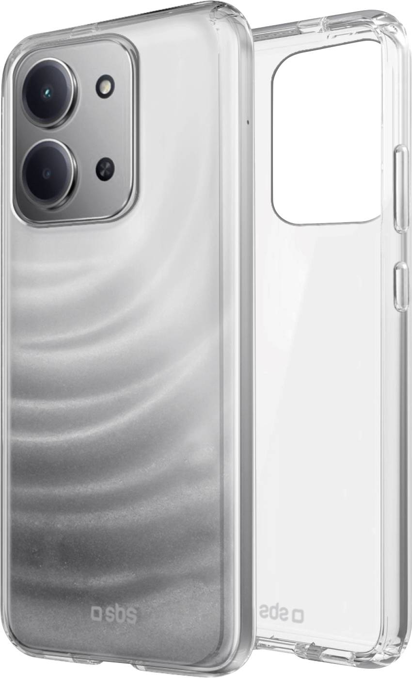 Ein transparantes Handyetui mit doppelten Kameraausschnitten mit gekrümmten Wellenmuster auf der Rückseite. Das Telefon wird von vorne und hinten gezeigt.