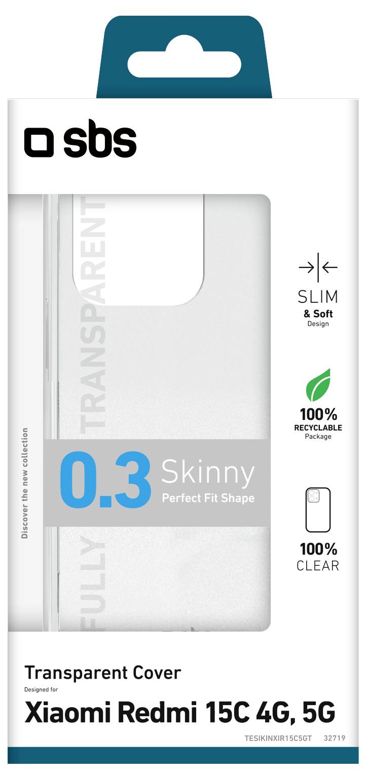Transparente Handyhülle Verpackung für 'Xiaomi Redmi 15C 4G, 5G'. Merkmale: schlankes Design, 100% recycelbar, transparentes Material, perfekte Passform.