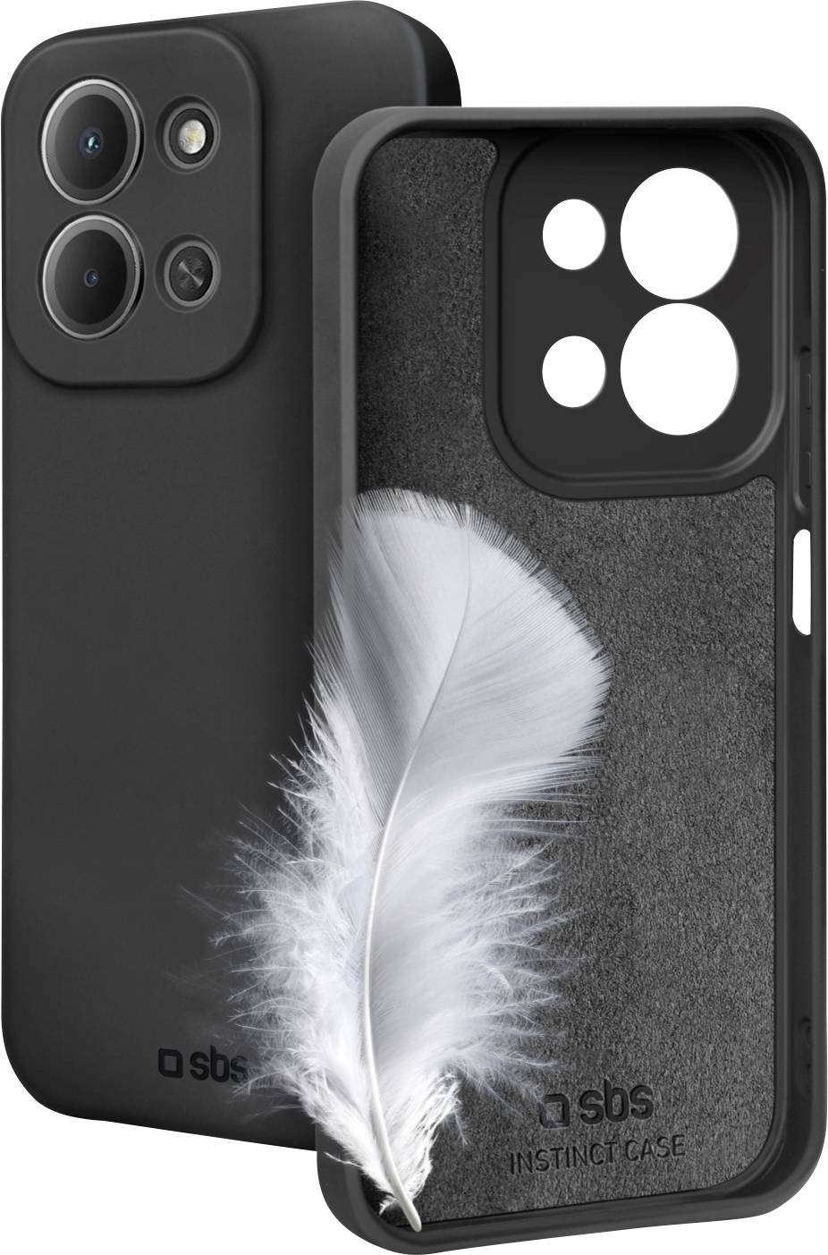 Ein schwarzes Smartphone-Case mit Kameraausschnitten wird neben einer weißen Feder gezeigt, was andeutet, dass das Case leicht ist.