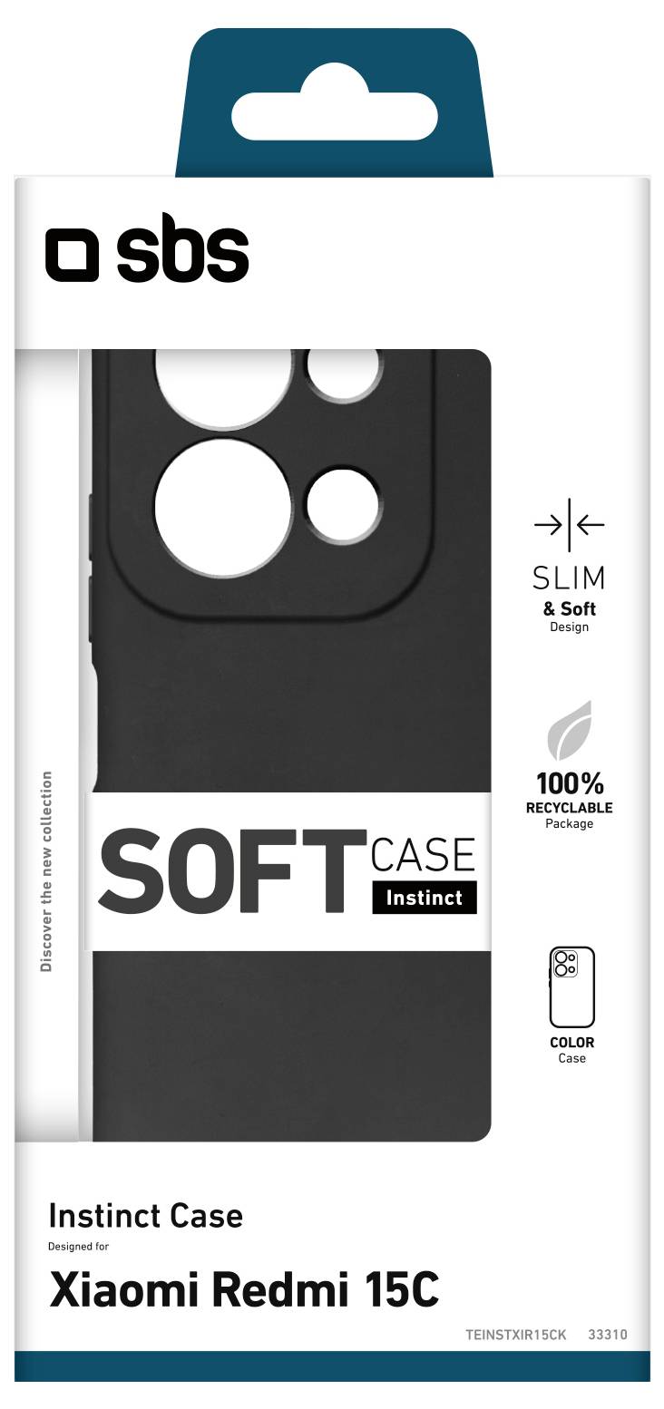„Schwarze Handyhülle-Verpackung für Xiaomi Redmi 15C, mit der Bezeichnung „Slim & Soft
