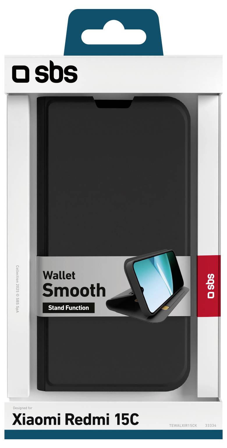 Verpackung der 'SBS Wallet Smooth' Schutzhülle für Xiaomi Redmi 15C mit Standfunktion, dargestellt in Schwarz mit Produktabbildung auf der Vorderseite.