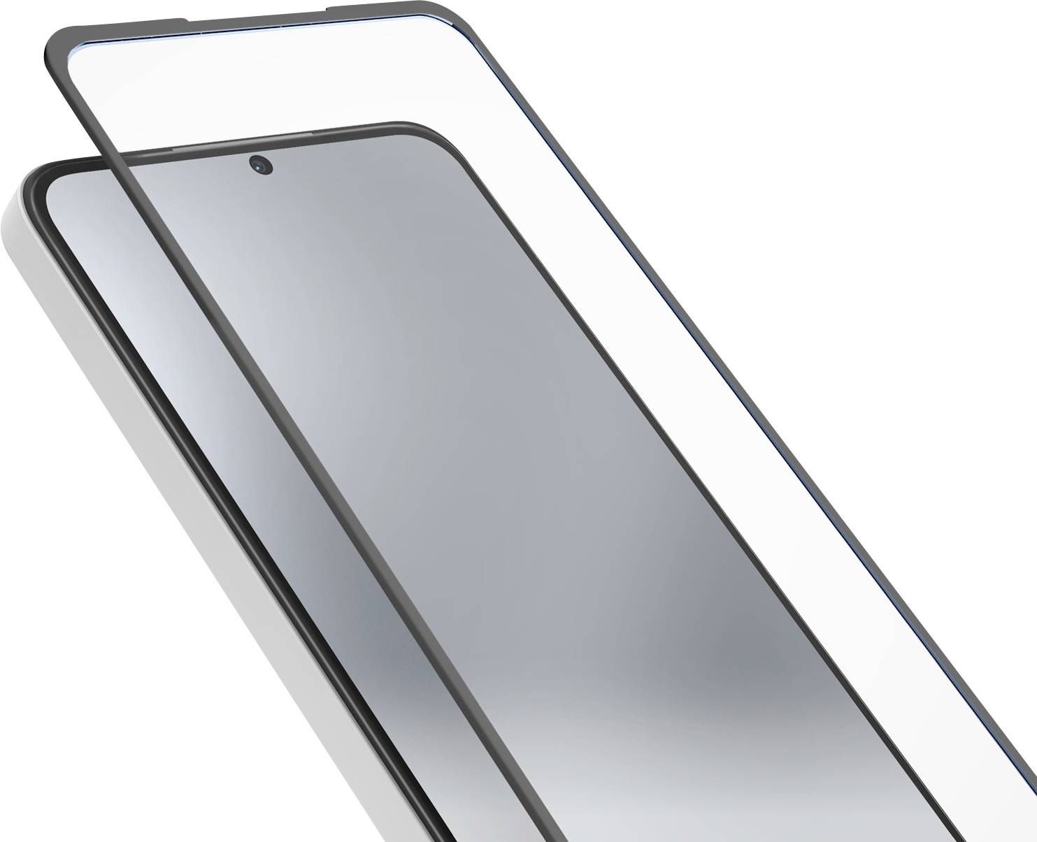 Smartphone mit teilweise angebrachtem Displayschutz, frontal auf das Telefon gerichtet.