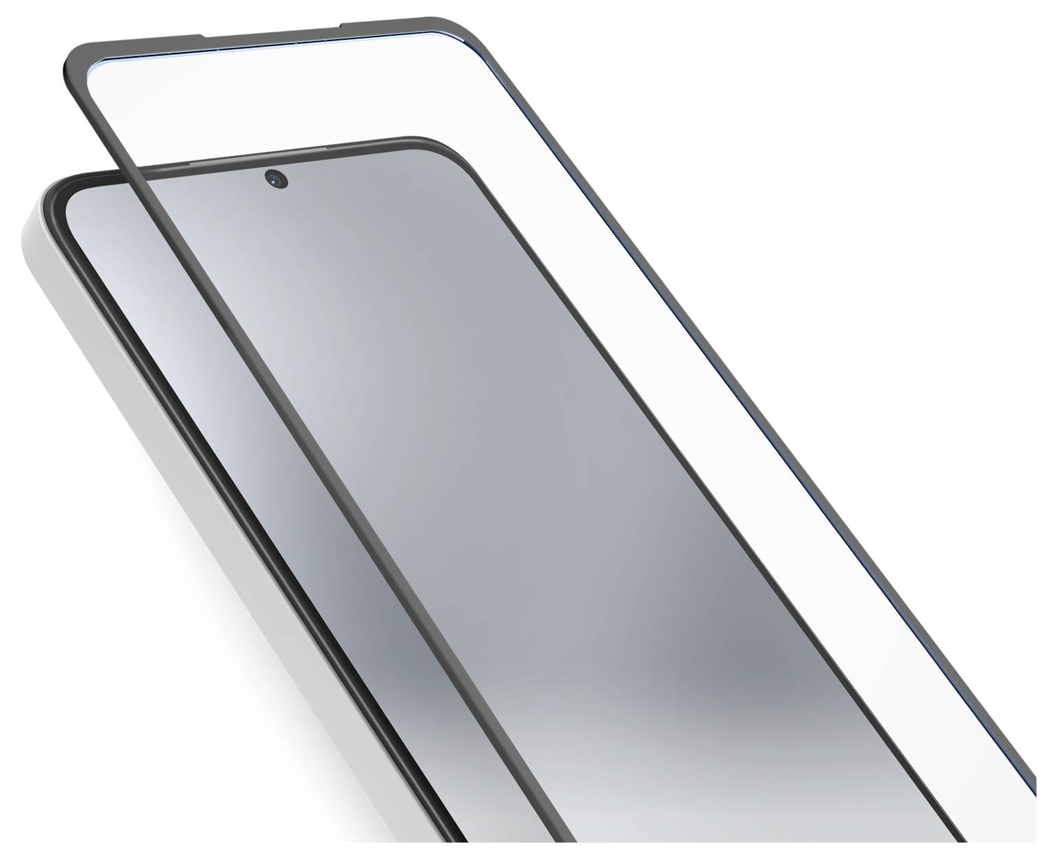Ein Smartphone mit einer teilweise angebrachten Schutzbildschirmfolie, die sein dünnes, transparentes Design und die präzise Passform auf dem Gerät zeigt.