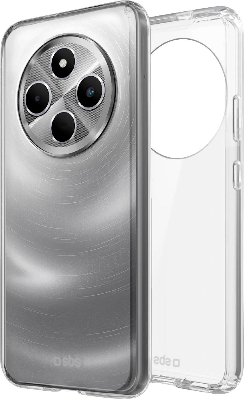 Ein metallisches Smartphone mit einem kreisförmigen Kameramodul wird zusammen mit einer transparenten Schutzhülle daneben angezeigt und zeigt das Rückseiten-Design.