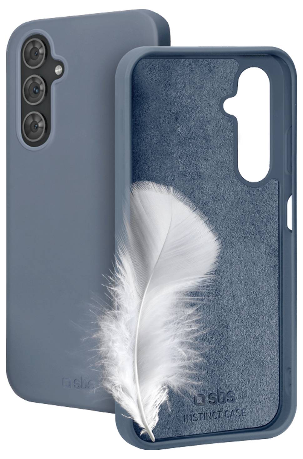 Ein blaues Handyhülle mit einer Aussparung für die Kameraobjektive wird mit einer weichen Feder im Inneren gezeigt, was ihre Leichtigkeit andeutet.