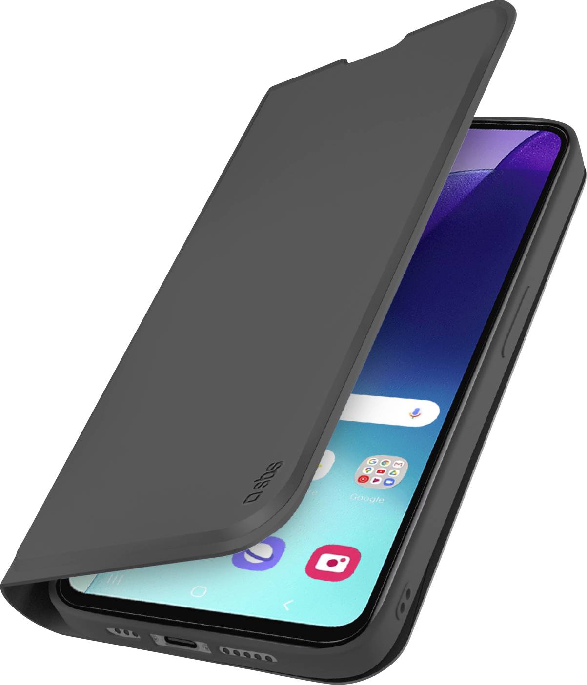 Ein Smartphone mit schwarzer Schutzhülle, die teilweise offen ist und das Gerätebildschirm mit App-Symbolen und einem violetten Hintergrund zeigt.