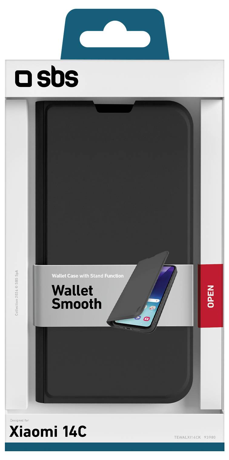 'Wallet Smooth' Handyhülle für Xiaomi 14C, schwarz, mit Standfunktion, abgebildet in der Verpackung mit einer Illustration des geschlossenen Designs.