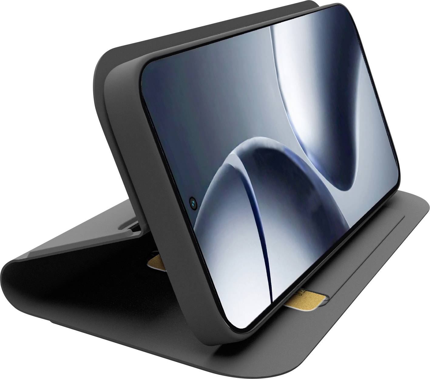 Ein elegantes, modernes Smartphone mit gebogenem Bildschirm, präsentiert auf einem schwarzen Ladeständer, der ein minimalistisches abstraktes Design zur Schau stellt.