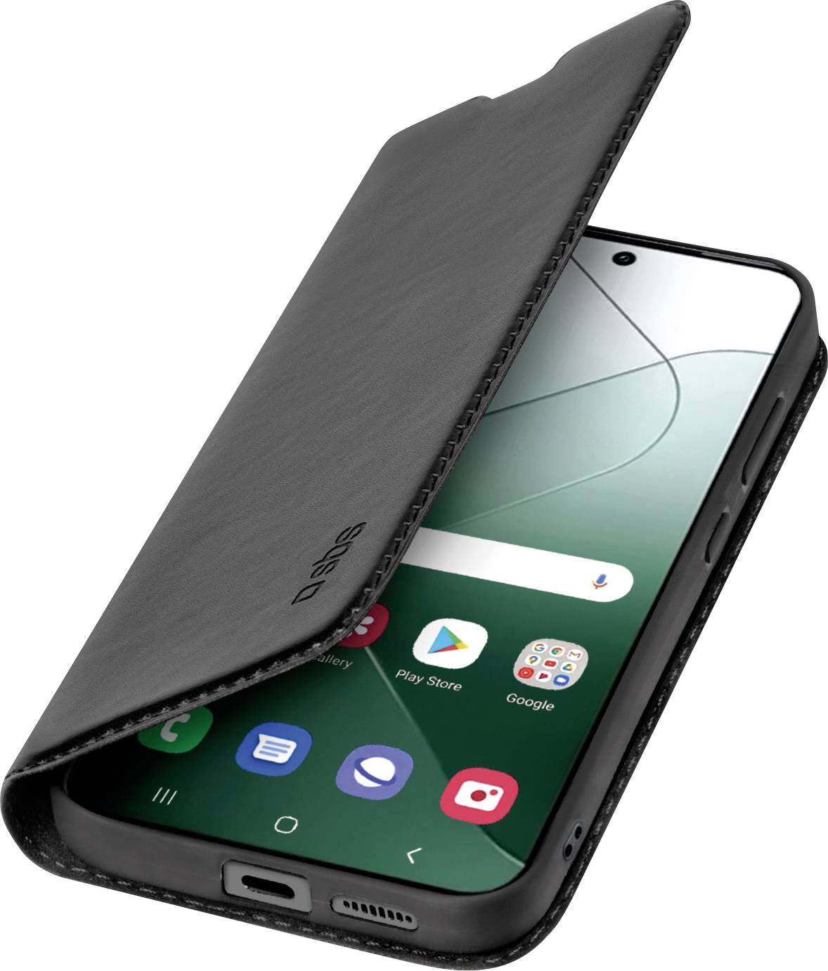 Smartphone in einem schwarzen Klapptaschengehäuse, Bildschirm zeigt App-Symbole wie 