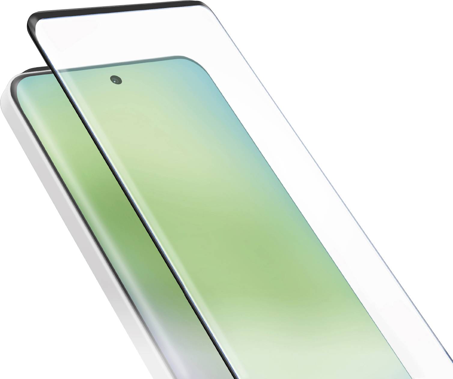 Ein Smartphone mit gekrümmtem Bildschirmrand, das einen grün und blau gefärbten Farbverlauf anzeigt. Eine transparente Displayschutzfolie ist oberhalb des Geräts positioniert.