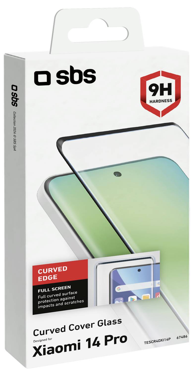 Verpackung von SBS-Schutzglas mit gekrümmtem Rand für Xiaomi 14 Pro, mit vollständigem Bildschirmschutz, 9H-Härte und gekrümmtem Kantendesign.