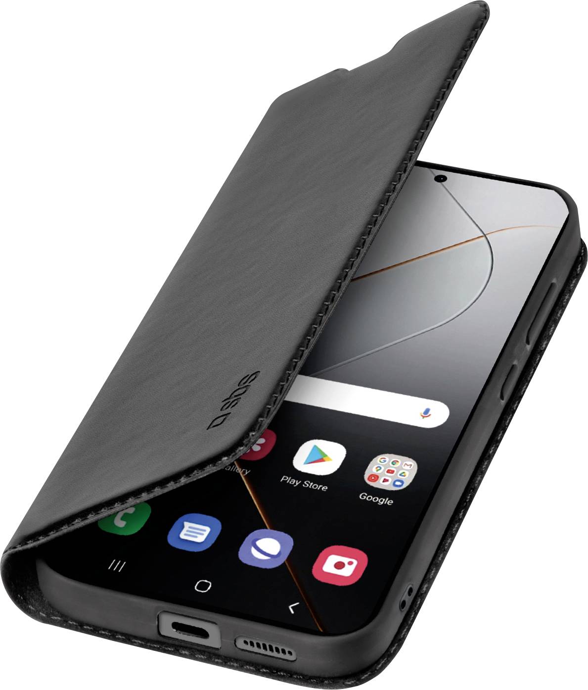 Ein Smartphone in einem schwarzen Schutzflip-Case, wobei der Bildschirm App-Symbole wie „Telefon