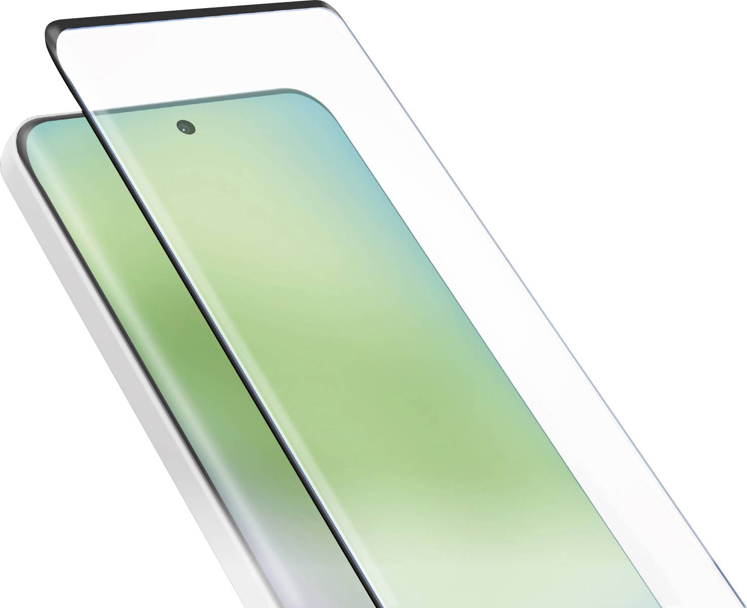 Ein Displayschutz aus Glas schwebt über einem Smartphone mit farbverlaufreichem grünem und blauem Display, das die Installation des Schutzes anzeigt.