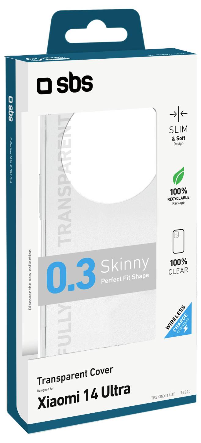Transparente Handyhülle Verpackung für Xiaomi 14 Ultra, hervorhebend Funktionen wie '0,3 Skinny,' '100% recycelbar,' und '100% klar.'