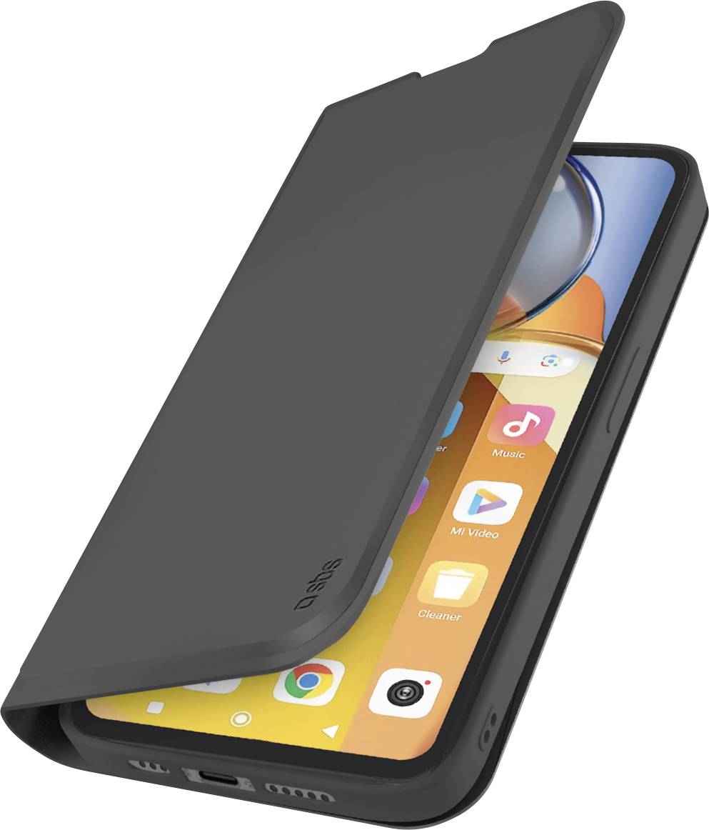 Ein Smartphone mit schwarzer Flip-Hülle, das einen gelben Startbildschirm mit verschiedenen App-Symbolen zeigt, leicht geöffnet, um den Bildschirm zu enthüllen.