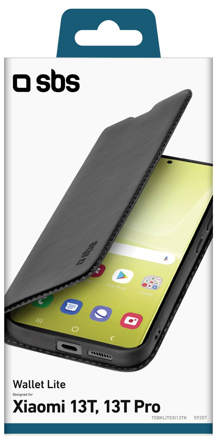 Verpackung für SBS Wallet Lite Hülle für Xiaomi 13T und 13T Pro mit Telefonbildschirm innen, zeigt Kameraobjektiv und App-Symbole.