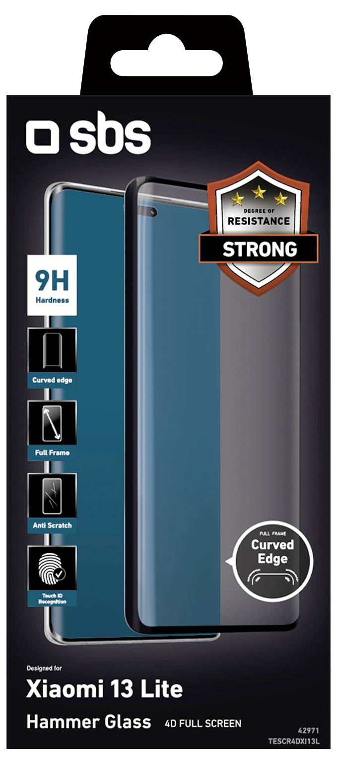 Verpackung für SBS Hammer Glass Displayschutz, 9H Härte, kratzfest, entwickelt für Xiaomi 13 Lite. Verfügt über abgerundete Kanten und vollständige Displayabdeckung.
