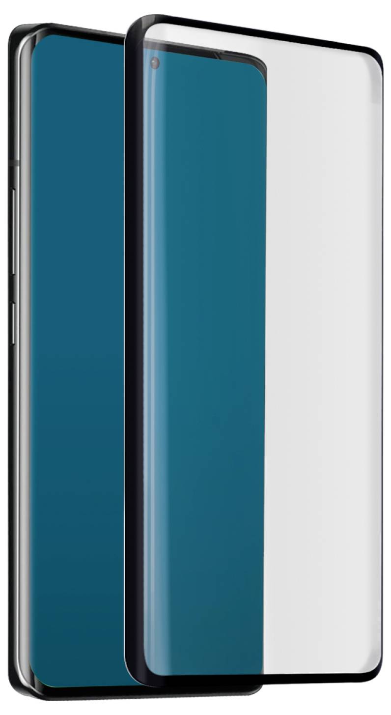 Ein Displayschutz für ein Smartphone wird teilweise über einem modernen Smartphone gezeigt. Die Seitentasten des Telefons sind sichtbar und deuten auf ein schlankes Design hin.
